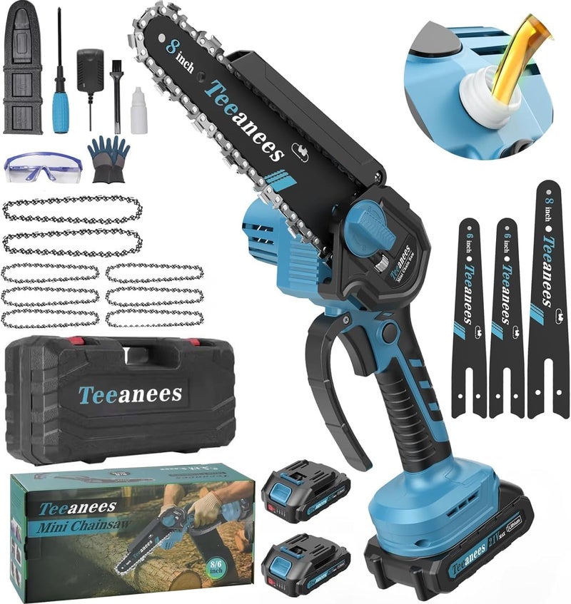 ANEES Mini Chainsaw Cordless 8 Inch, Portable Electric Chain Saw with 2 Battery 8 Chains, Auto Oiler, Battery Powered Small Handheld Saw for Wood Cutting, Tree Trimming, Garden(Blue) - Image 1